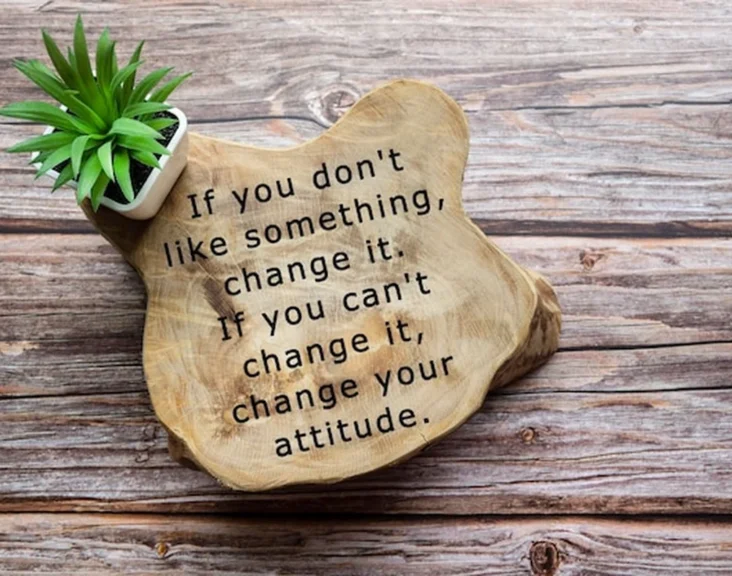 Motywacyjny cytat na drewnianej tablicy z rośliną doniczkową na drewnianym tle